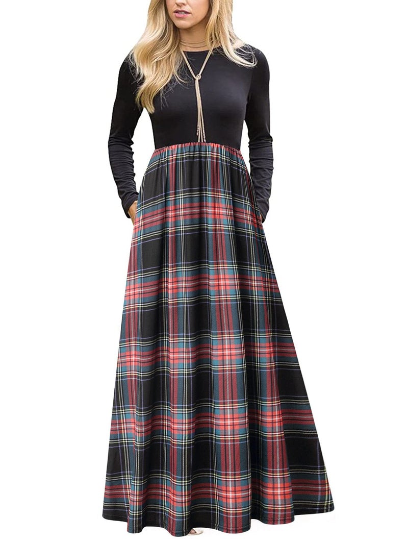 MEROKEETY Women's Plaid Long Sleeve Empire Waist Full Length Maxi Dress, Black Green, Large - Image 1